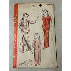 Vintage 1940's Hollywood Pattern #773 Two Piece Girls Pajamas Size 4 Years HTF